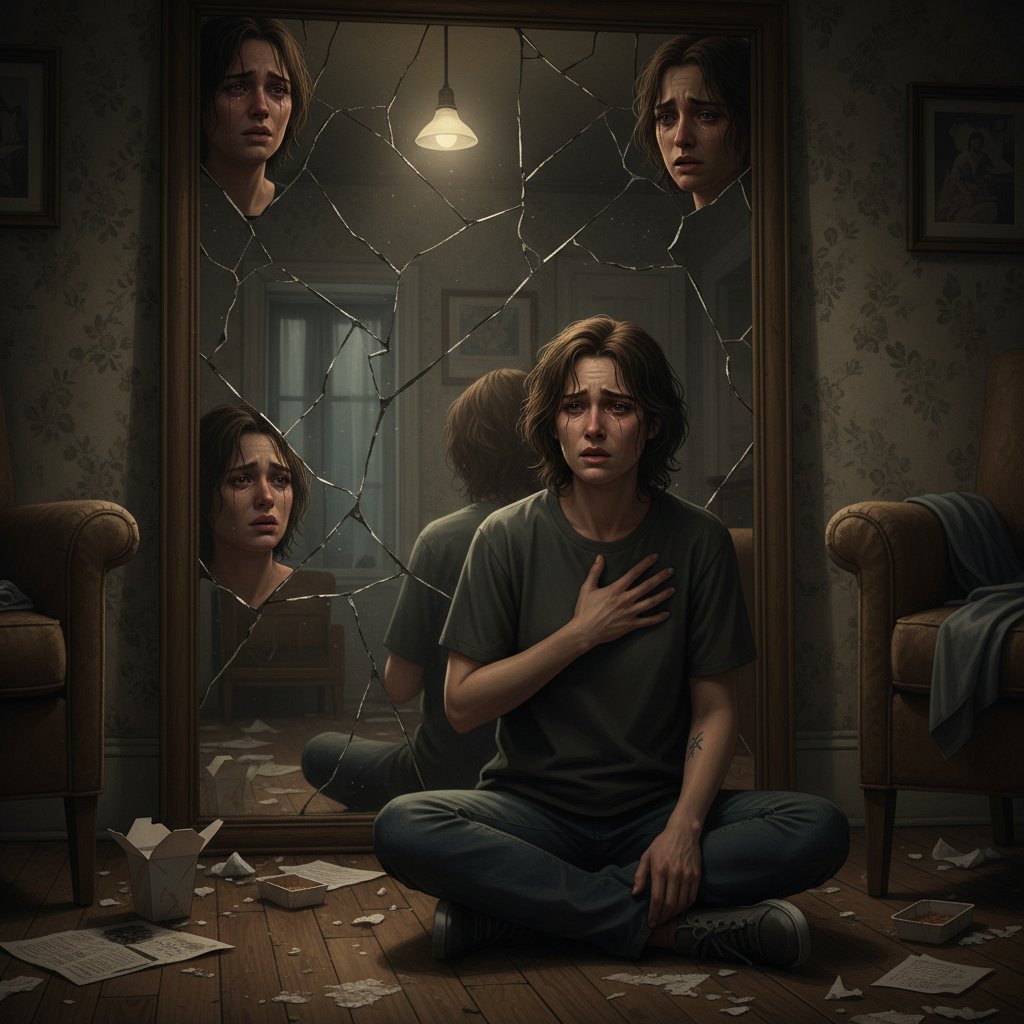 Person reflecting on self-identity after separation, looking at cracked mirror in dim apartment, raw emotion