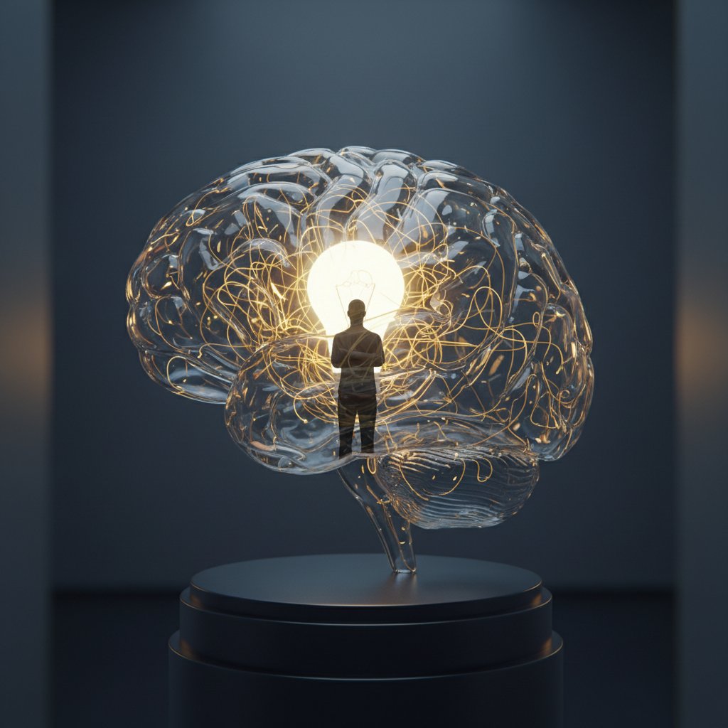 Odbicie człowieka w szklanej rzeźbie mózgu, symboliczne zdjęcie, zaduma nad technologią