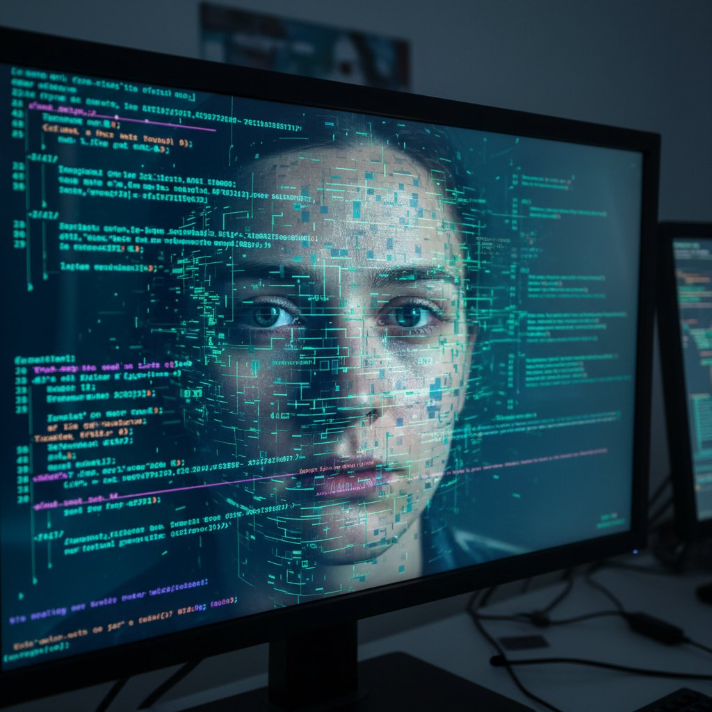 Osoba patrząca na swoje odbicie w ekranie z kodem i twarzami