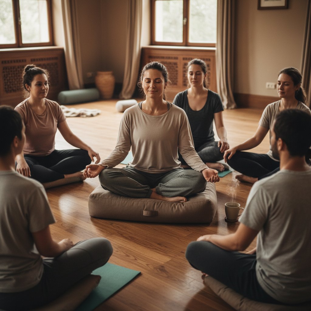 Osoba zamyślona po zakończonej sesji psychodramy, otoczona grupą w atmosferze wsparcia