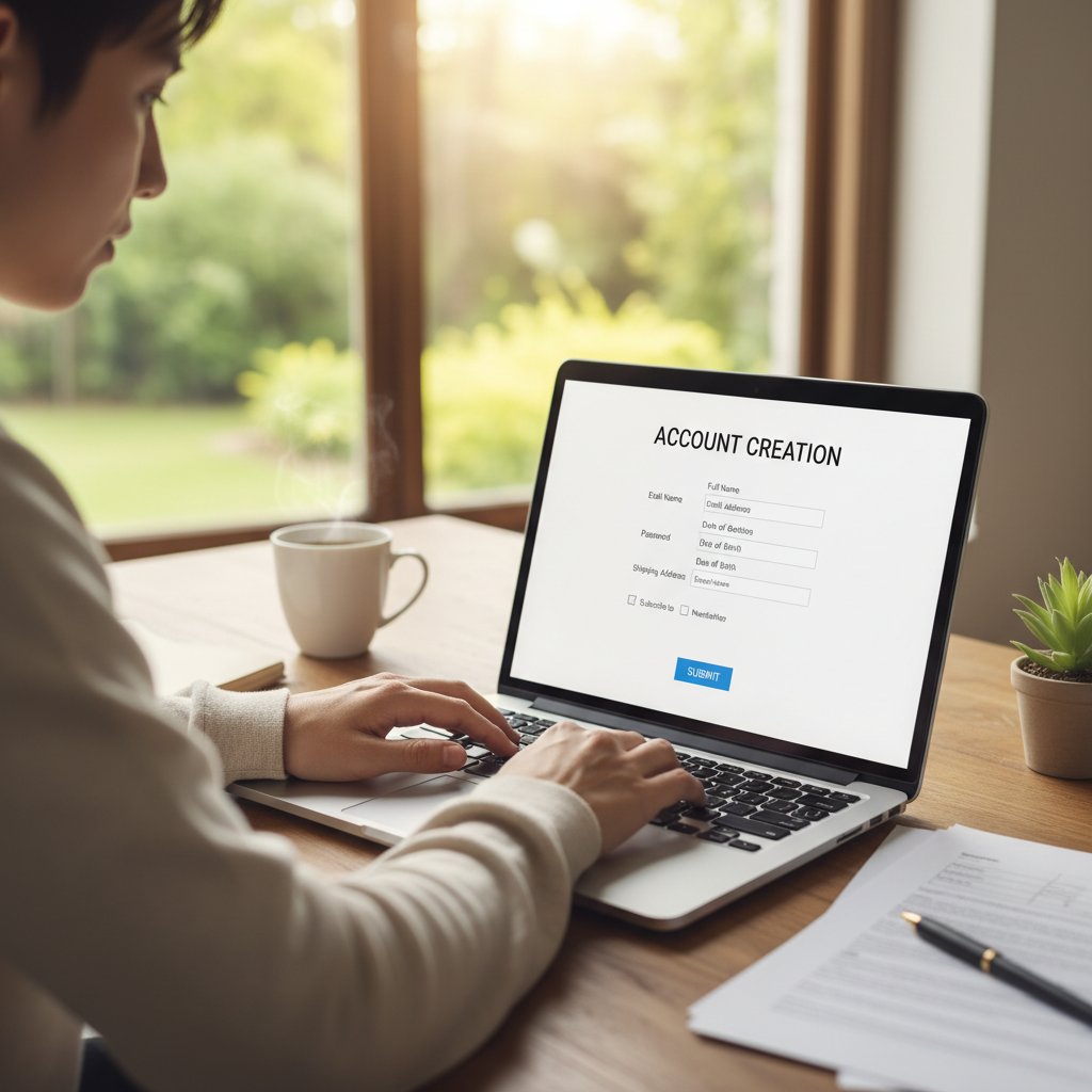 Osoba rejestrująca się na platformie online, ekran laptopa z formularzem rejestracji, słowa kluczowe: rejestracja czat bez kamerki