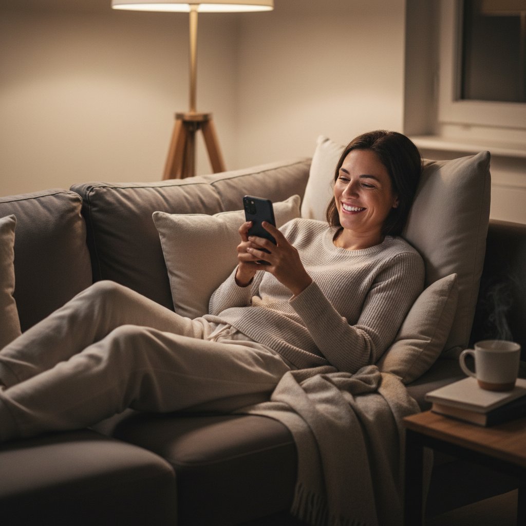 Osoba siedząca na kanapie, rozluźniona, z telefonem w dłoni, uśmiechnięta podczas rozmowy z ziomek.ai