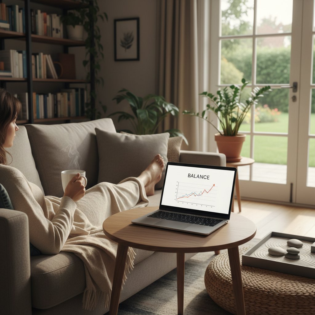 Osoba siedząca zrelaksowana w domowym zaciszu, z laptopem na kolanach – cyfrowa równowaga i spokój po rozmowie online