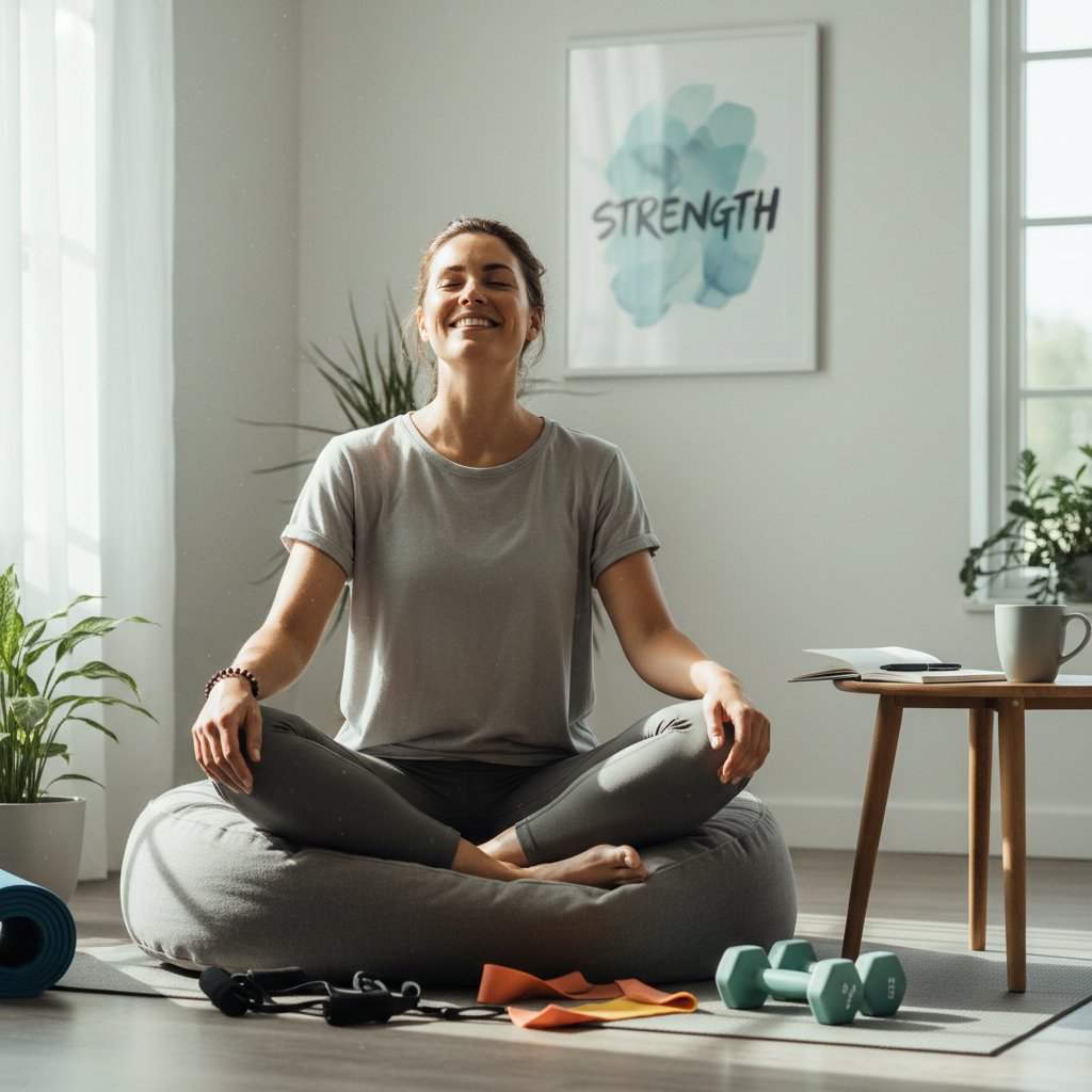 Osoba odprężona po treningu w domu, uśmiech, poczucie spełnienia, psychika i mięśnie