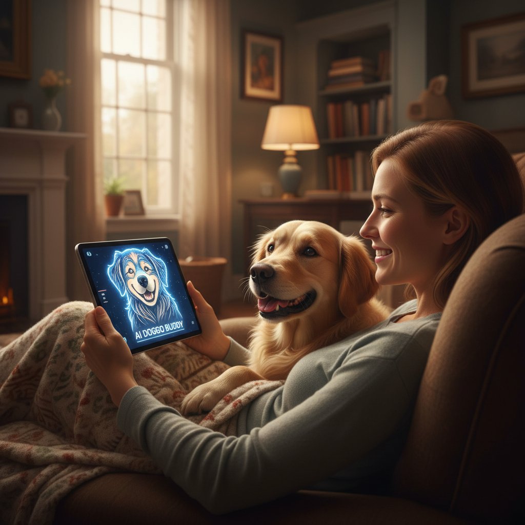 Osoba zrelaksowana w fotelu z tabletem, na ekranie uśmiechnięty piesek AI, atmosfera spokoju i satysfakcji