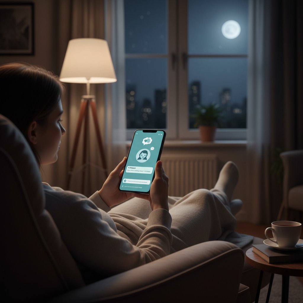 Osoba relaksująca się podczas rozmowy z AI na smartfonie, keywords: wsparcie psychologiczne AI, zdrowie mentalne, symulacja rozmowy
