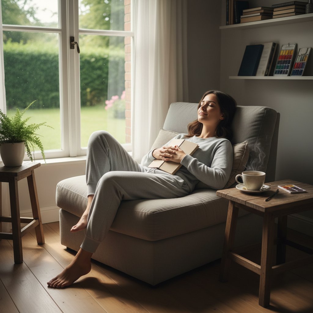 Osoba odpoczywająca od ekranu, relaksująca się po intensywnym szukaniu porad zdrowotnych