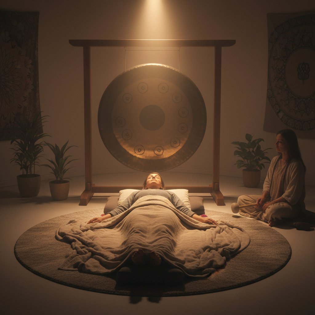 Osoba leżąca podczas sesji gongu, głęboko zrelaksowana, światło skupione na instrumencie