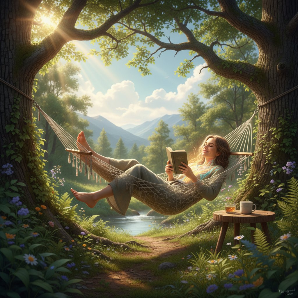 Zdjęcie osoby relaksującej się na łonie natury, uśmiechniętej, z książką, symbolizujące higienę neurologiczną