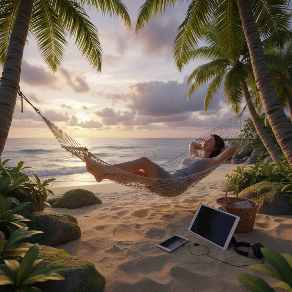 Osoba relaksująca się offline po rozmowie online, natura, spokój, odłączenie od ekranu