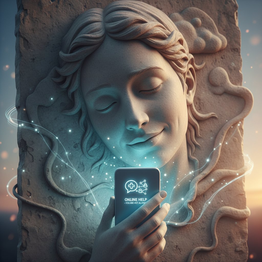 Osoba z wyraźną ulgą i nadzieją, korzystająca z telefonu lub laptopa, symbol wsparcia psychologicznego online.