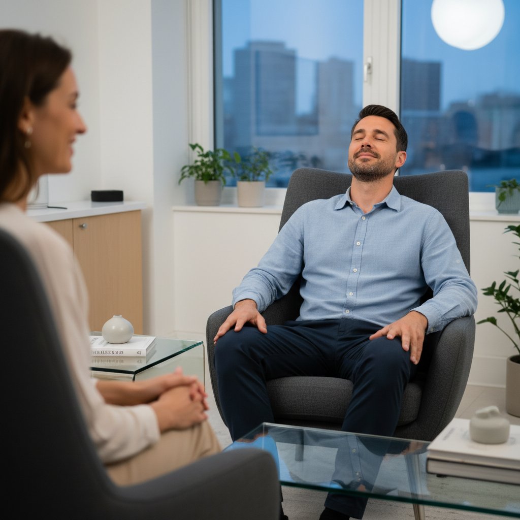 Osoba po udanej konfrontacji terapeutycznej, twarz wyrażająca ulgę i spokój