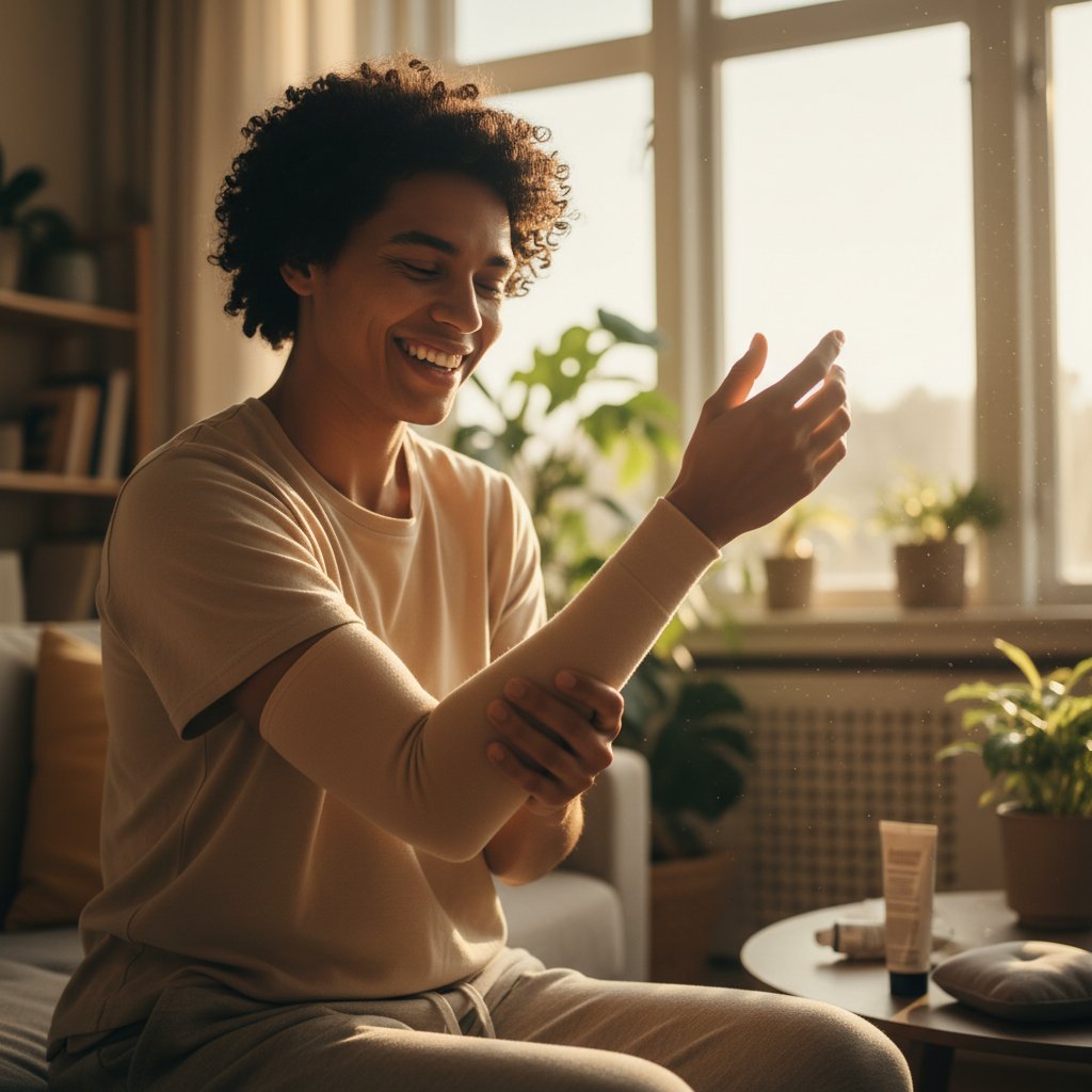 Osoba z ulgą po terapii łokcia, uśmiechnięta, w otoczeniu domowym, promienie słoneczne, pozytywny przekaz