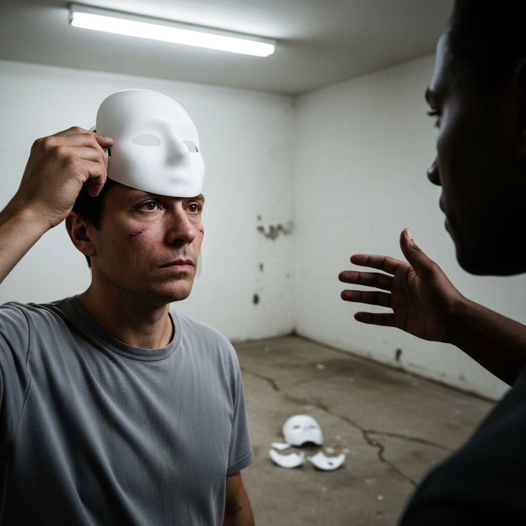 Osoba zdejmuje maskę, symbol deidealizacji i konfrontacji z rzeczywistością.