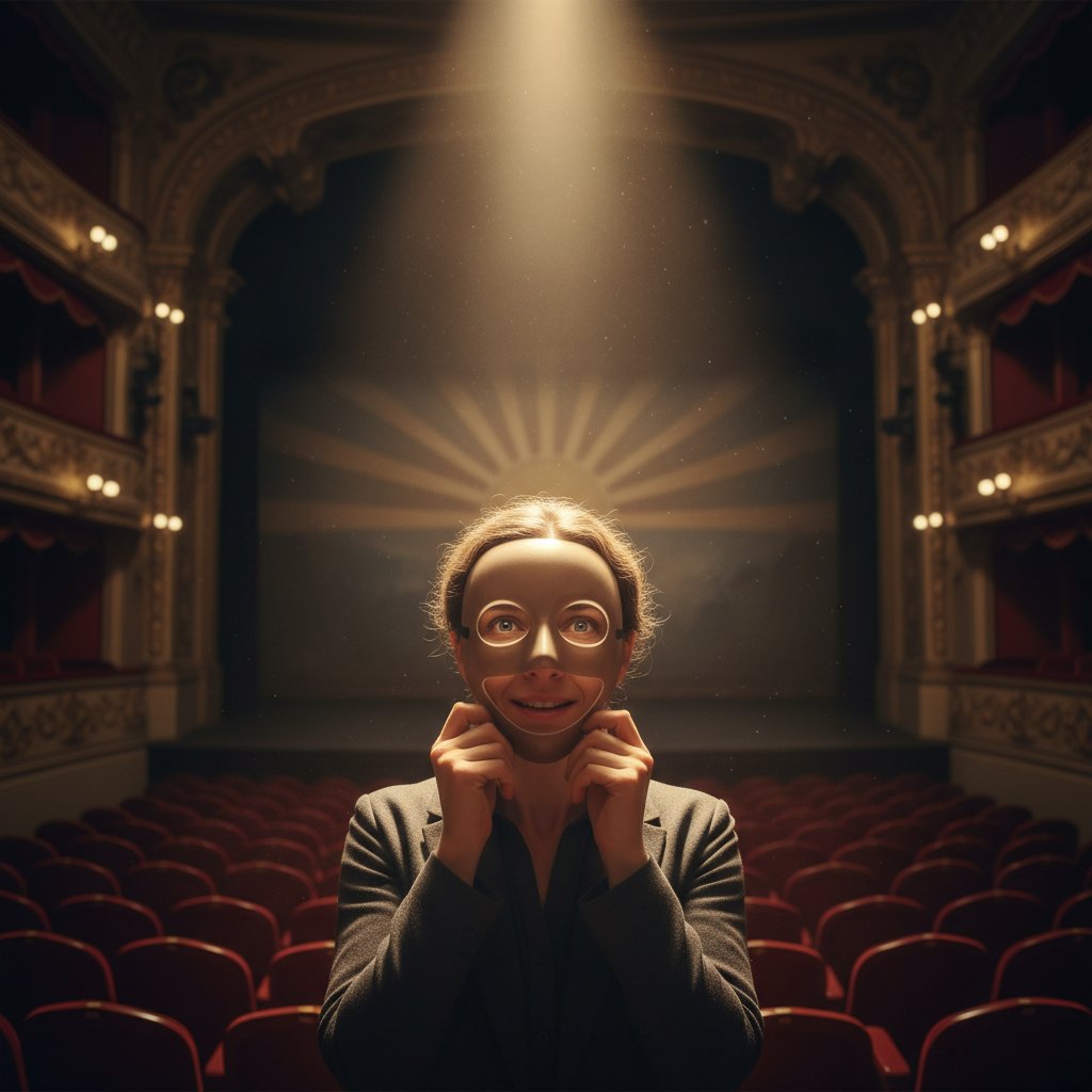 Person removing mask in a theater, light shining in, symbolizing movie disguise movies transformation