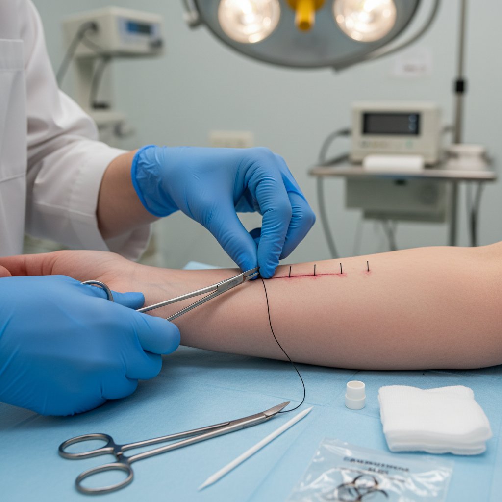 Osoba w rękawiczkach zbliżająca się do własnej rany z zestawem sterylnych narzędzi do usuwania szwów