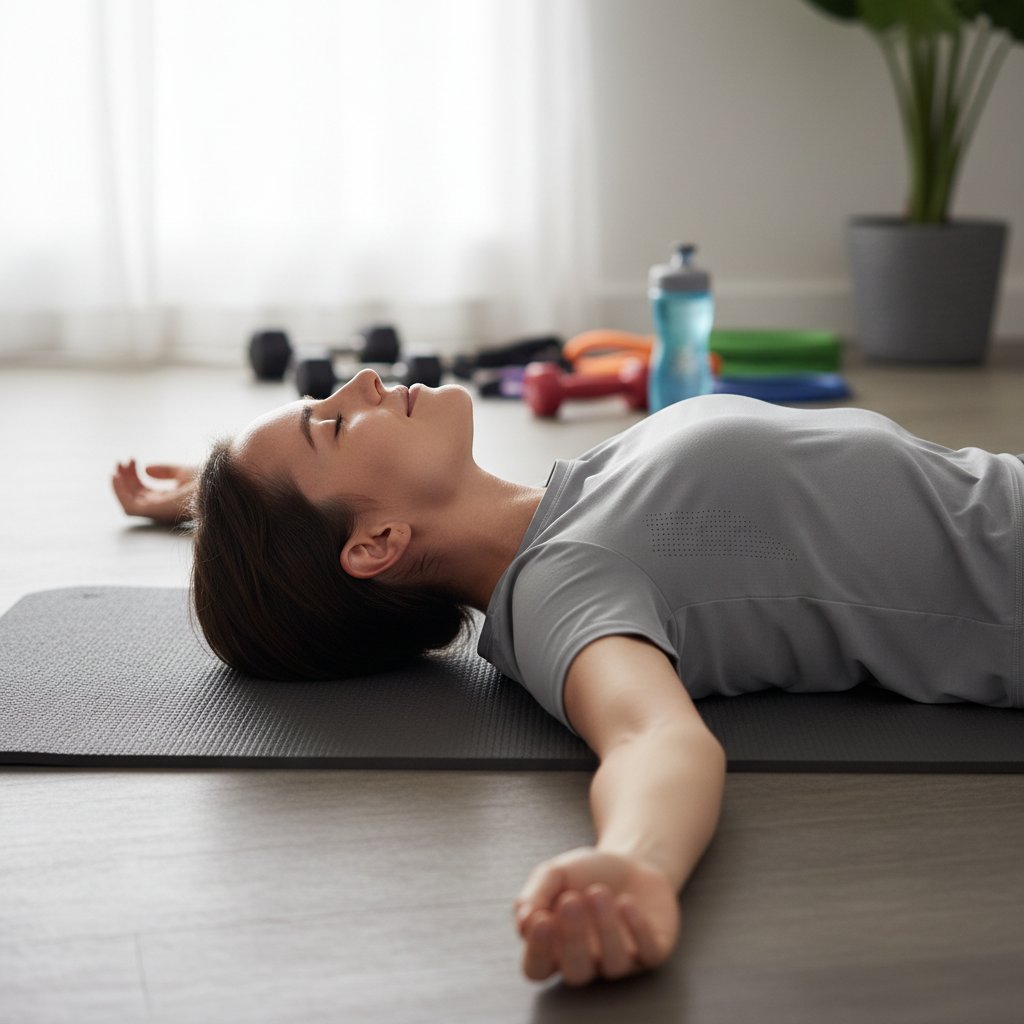 Osoba leży i odpoczywa na macie treningowej, twarz wyraża ulgę – ilustracja regeneracji po wysiłku