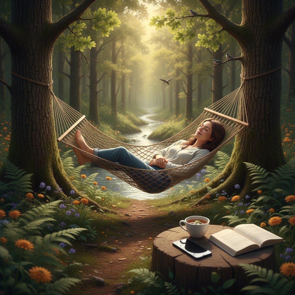 Osoba odpoczywająca w naturze z wyłączonym telefonem, symbolizująca odcięcie od technologii