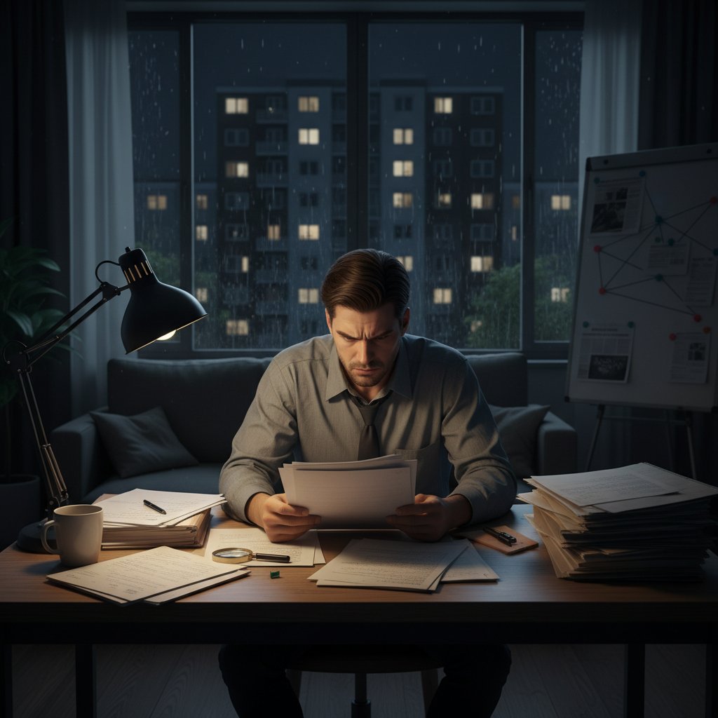 Osoba analizująca dokumenty na tle budynku – pogłębiona analiza informacji o nieruchomościach