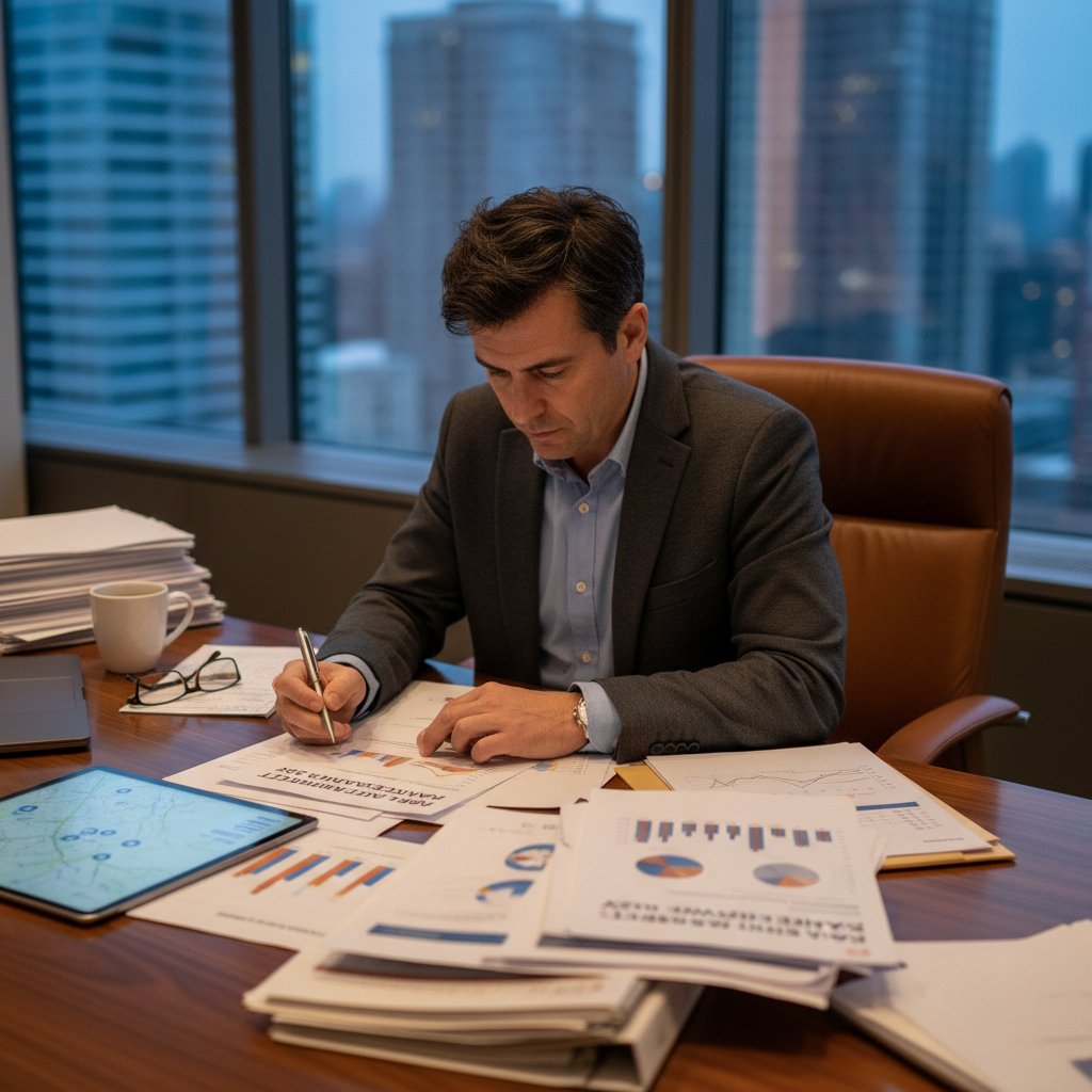 Osoba przeglądająca dokumenty przy biurku – podsumowanie procesu badania nieruchomości