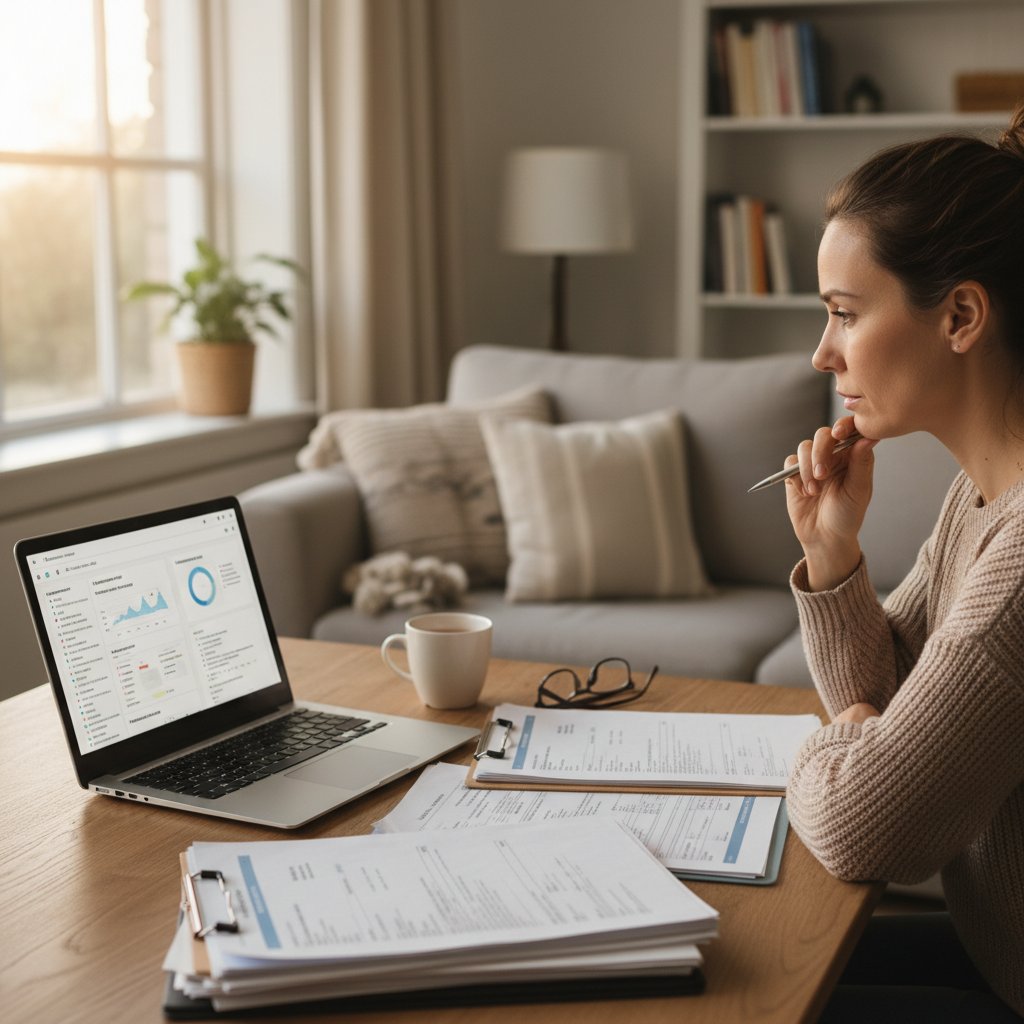 Osoba przeglądająca wyniki badań na laptopie, na ekranie strona medyk.ai, domowa atmosfera