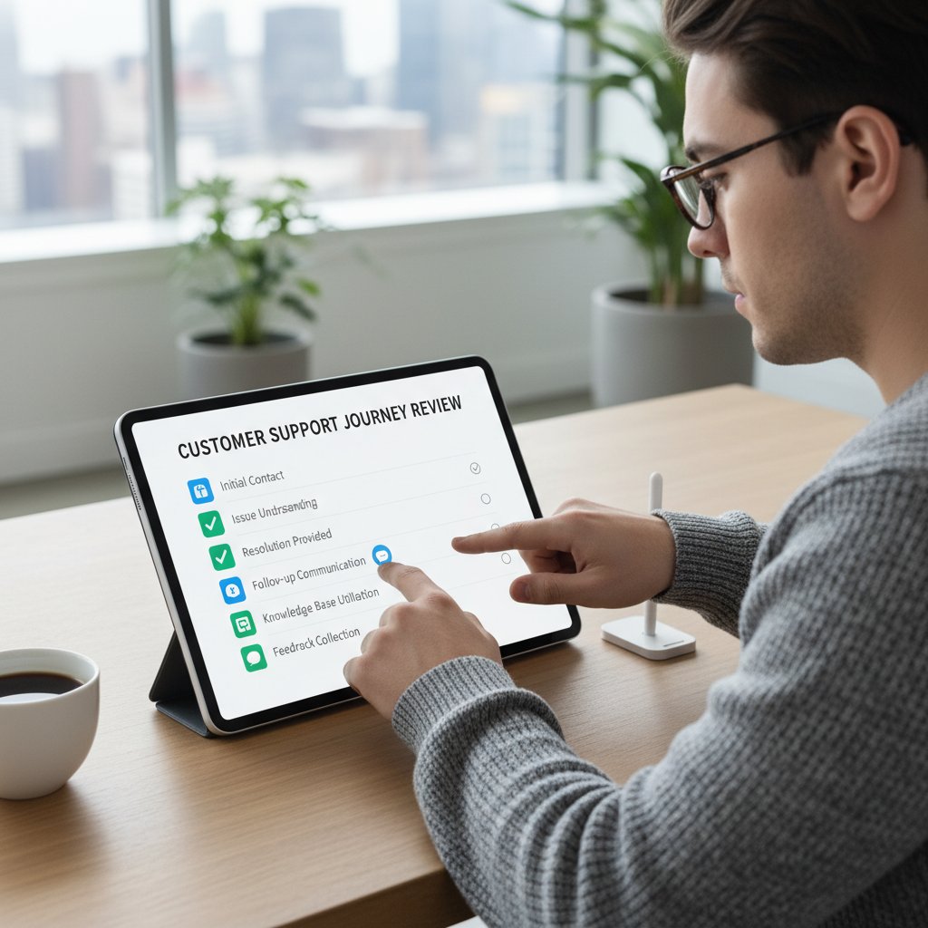 Photo of person reviewing support experience checklist, calm environment, digital device open