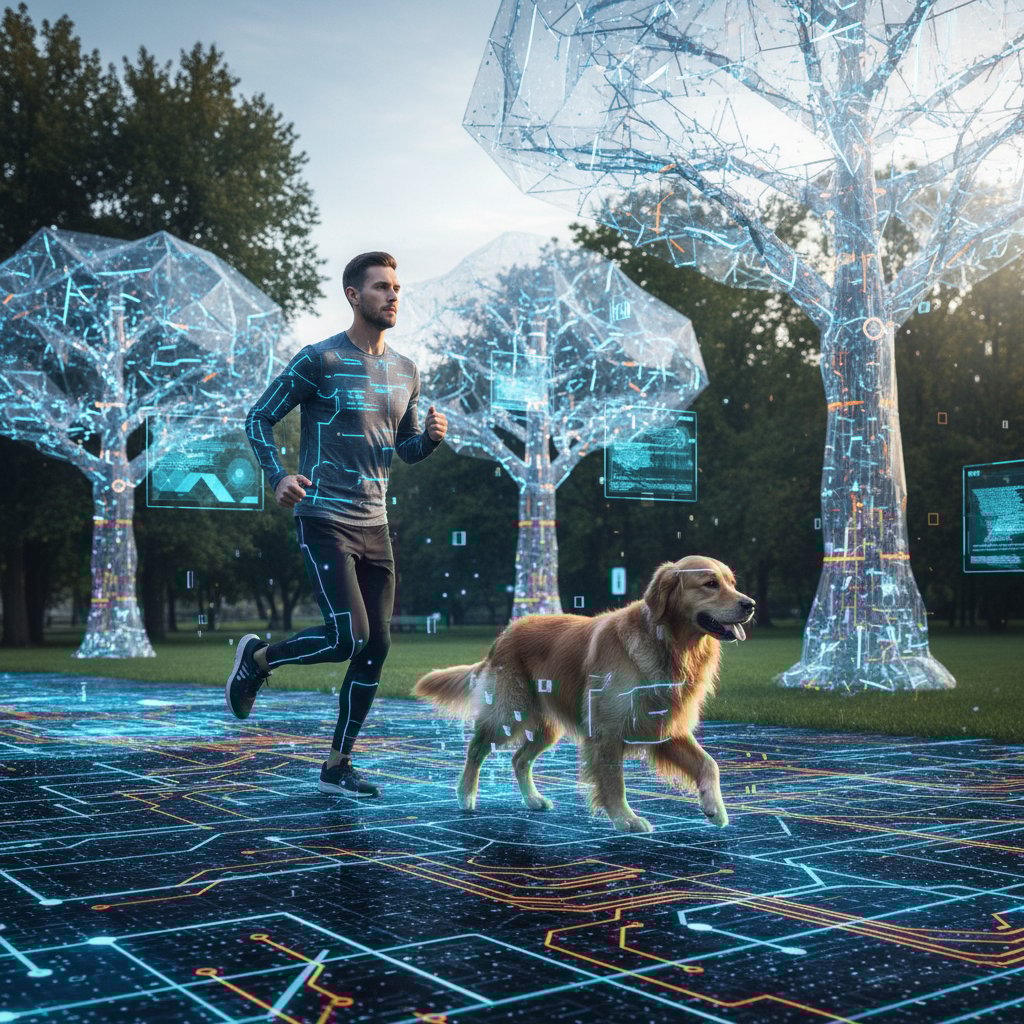 Osoba biegnąca z prawdziwym psem w parku, kontrast z cyfrowym światem