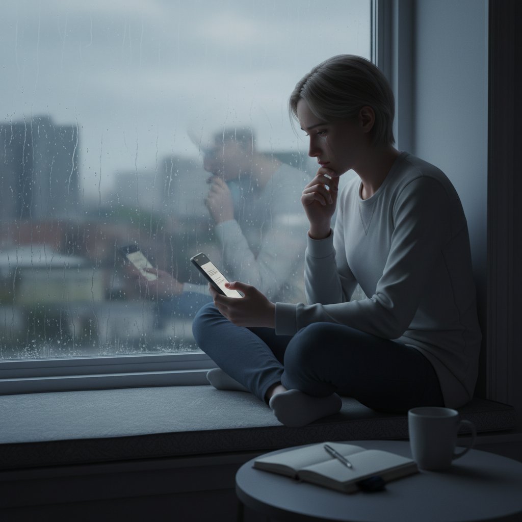 Smutna osoba wpatrzona w okno, trzymająca w ręku wiadomość tekstową – refleksja nad własnymi zachowaniami, flying monkey