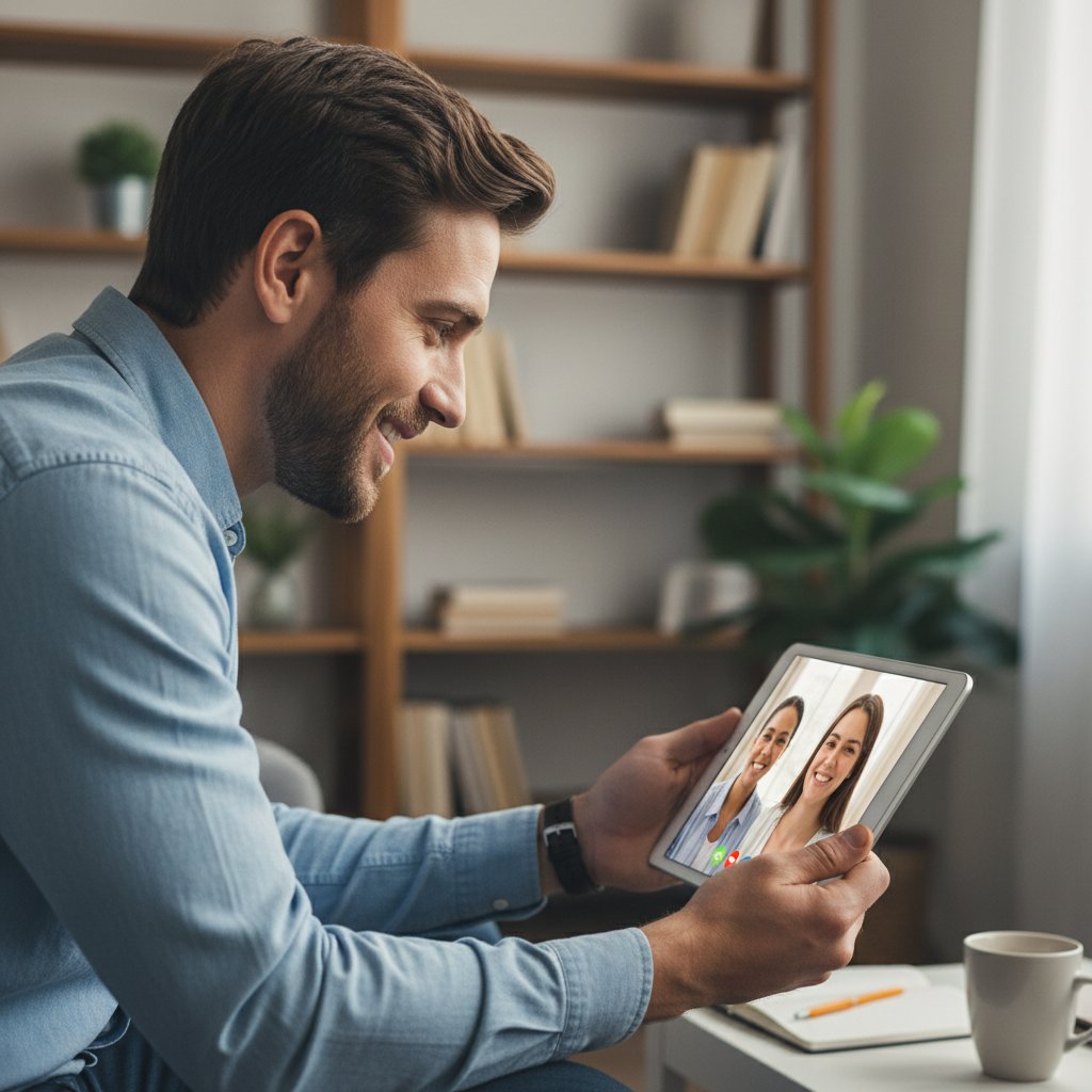 Osoba z wyrazem satysfakcji po udanej rozmowie online – efekt przełamania nieśmiałości