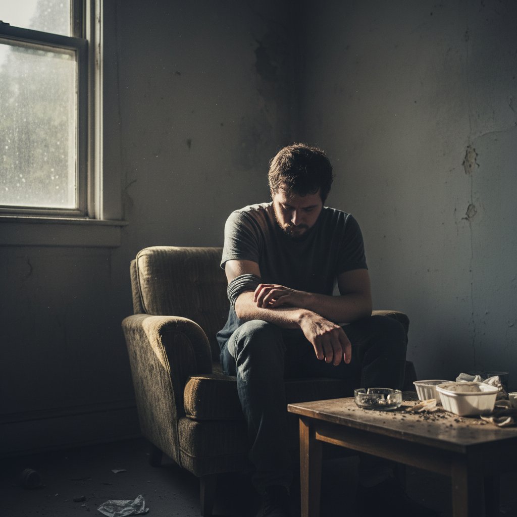 Mężczyzna drapie ramię w przygnębiającym mieszkaniu – świerzb, objawy świerzbu, walka z pasożytem