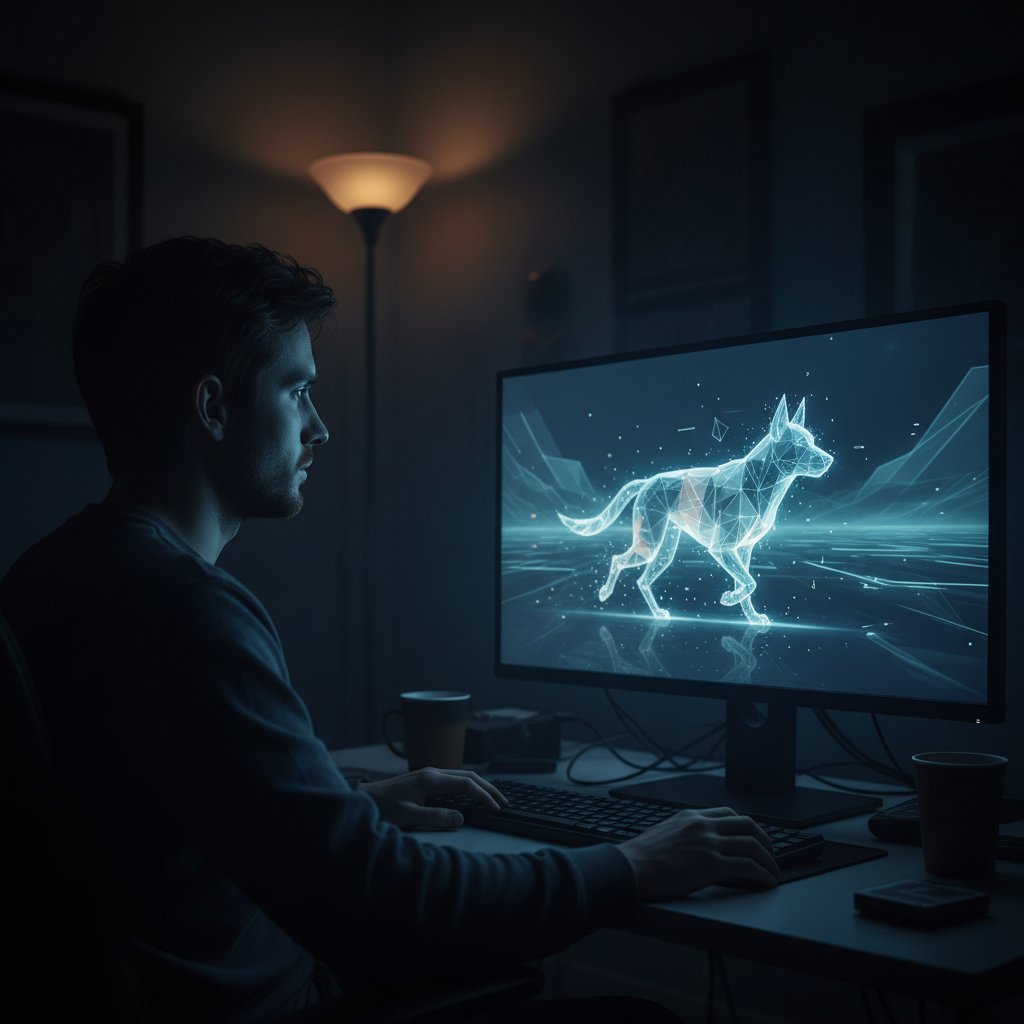 Osoba wpatrzona w ekran, cyfrowy pies na wyświetlaczu, mroczne światło