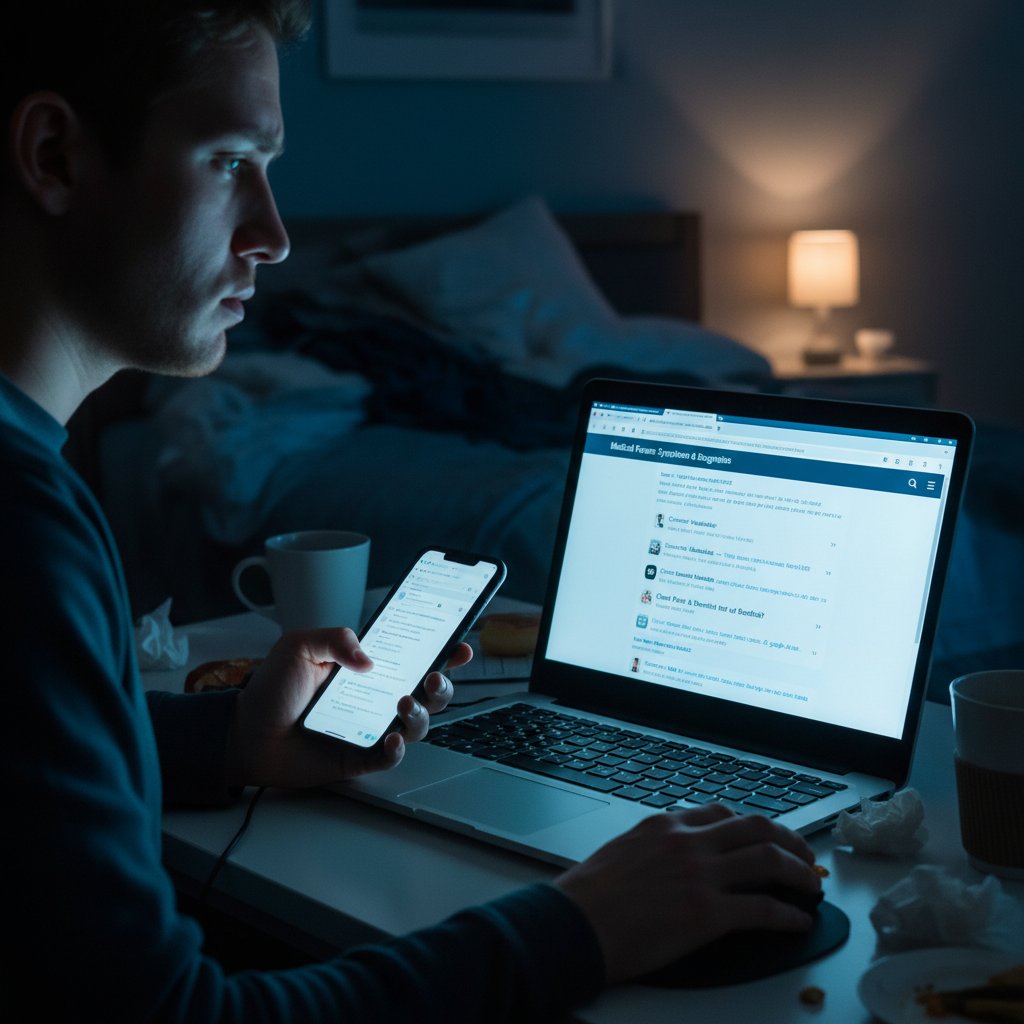Osoba szukająca informacji medycznych w internecie nocą, z widocznym niepokojem na twarzy, na tle ciemnego pokoju