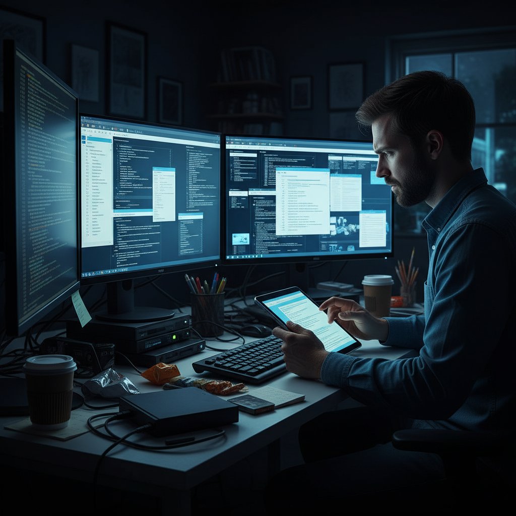 Osoba przewijająca nieskończone zakładki w poszukiwaniu hobby, przytłoczona wyborami, w zatłoczonym cyfrowym środowisku