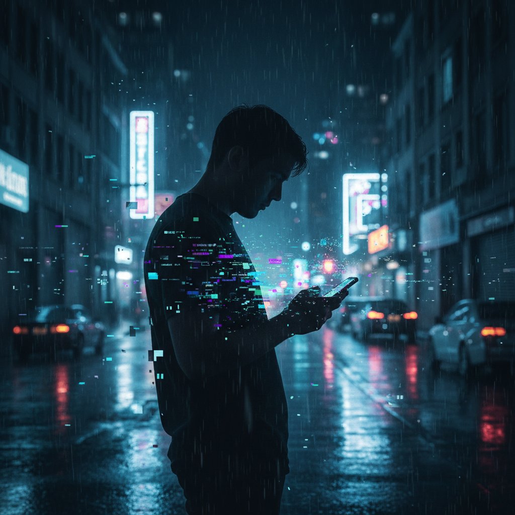 Skutki uboczne technologii widoczne na twarzy użytkownika smartfona, cyfrowe zakłócenia, nocna sceneria