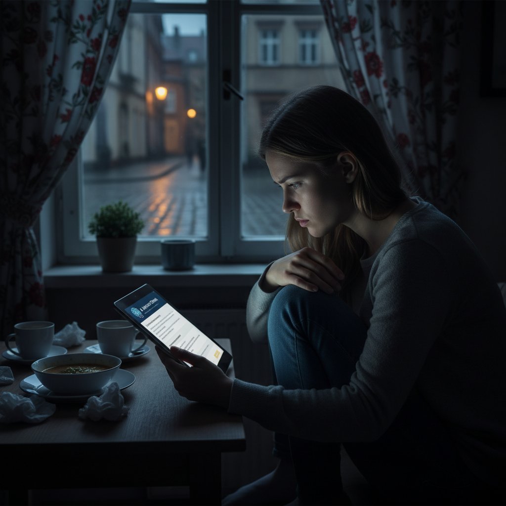 Osoba korzystająca z asystenta AI do analizy objawów w nocy w polskim mieszkaniu, symptomy, napięcie, noc