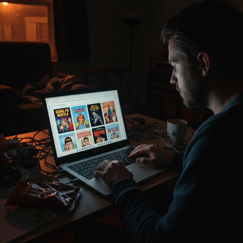 Person searching for cult comedy movies on a laptop late at night