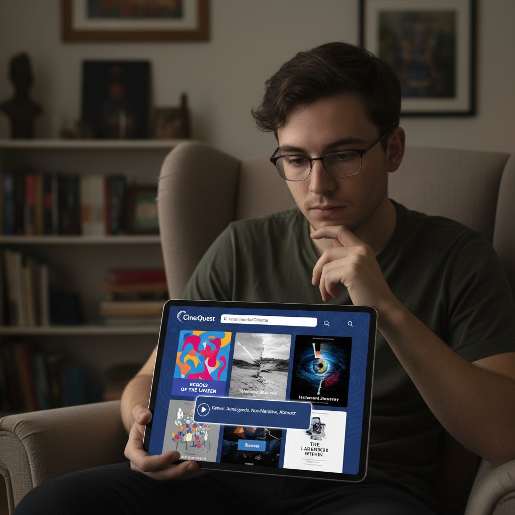 Person searching for films on a digital platform, experimental cinema streaming