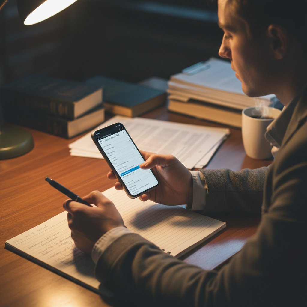 Osoba wyszukująca akty prawne na smartfonie i notująca wyniki na kartce