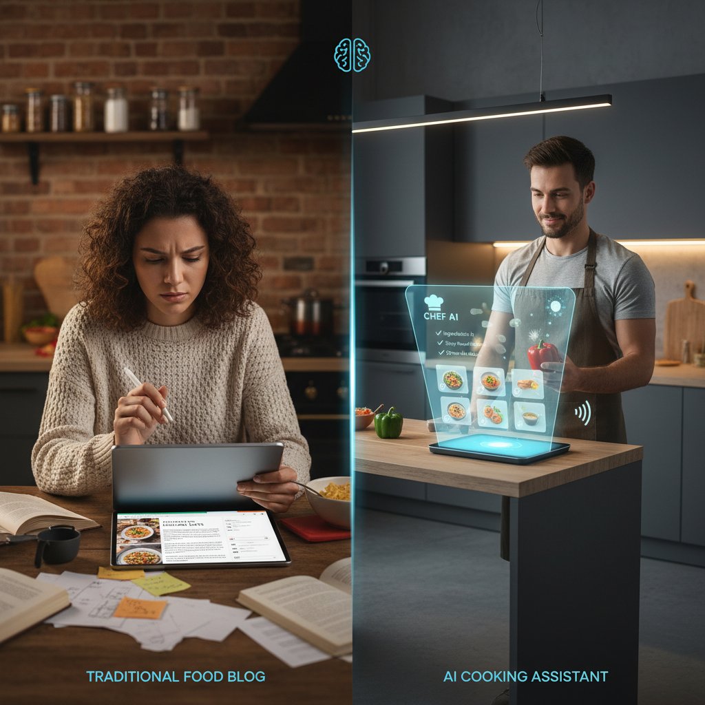 Porównanie: osoba szukająca przepisu na blogu vs. korzystająca z AI kucharza