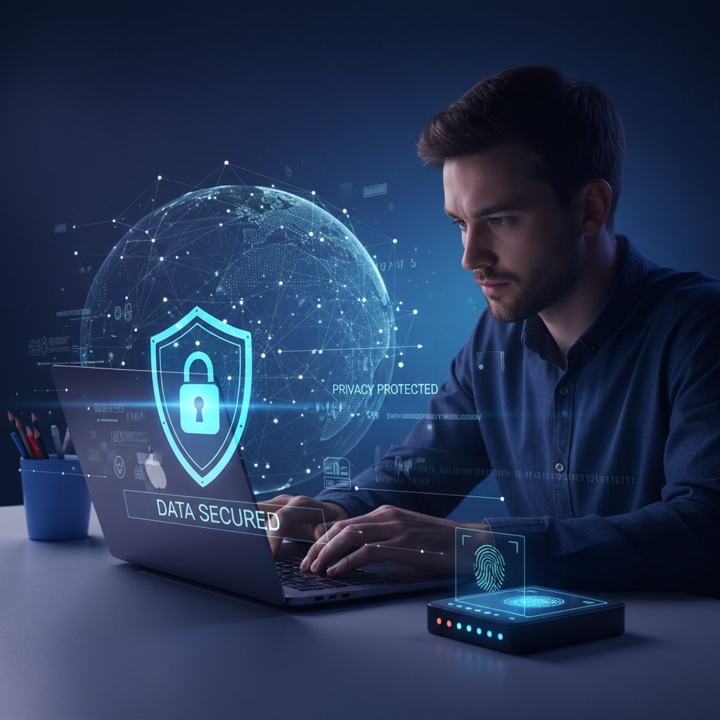 Osoba zabezpieczająca swoje dane w laptopie – symbol ochrony prywatności podczas korzystania z generatora avatarów online