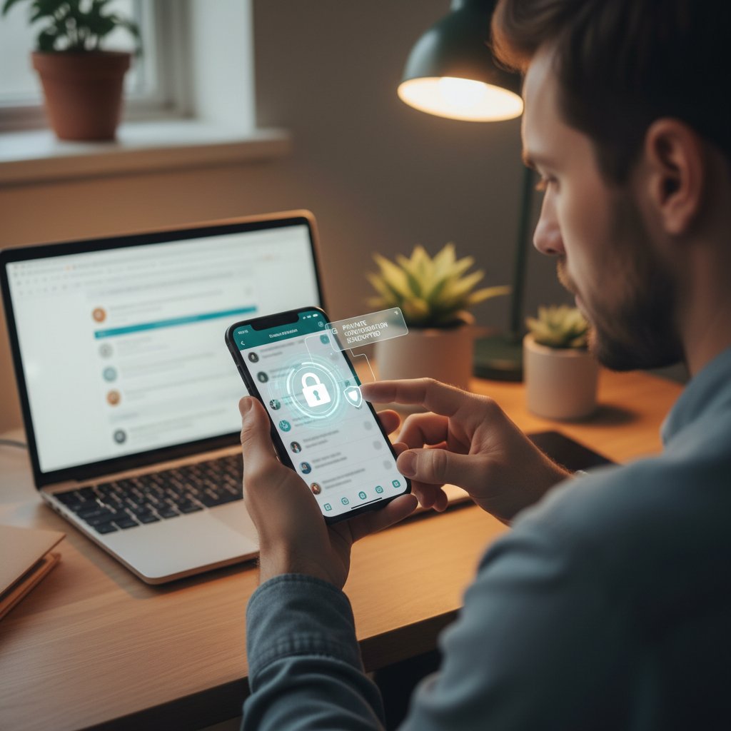 Zbliżenie na ręce osoby zabezpieczającej telefon, symbol ryzyk w rozmowach online