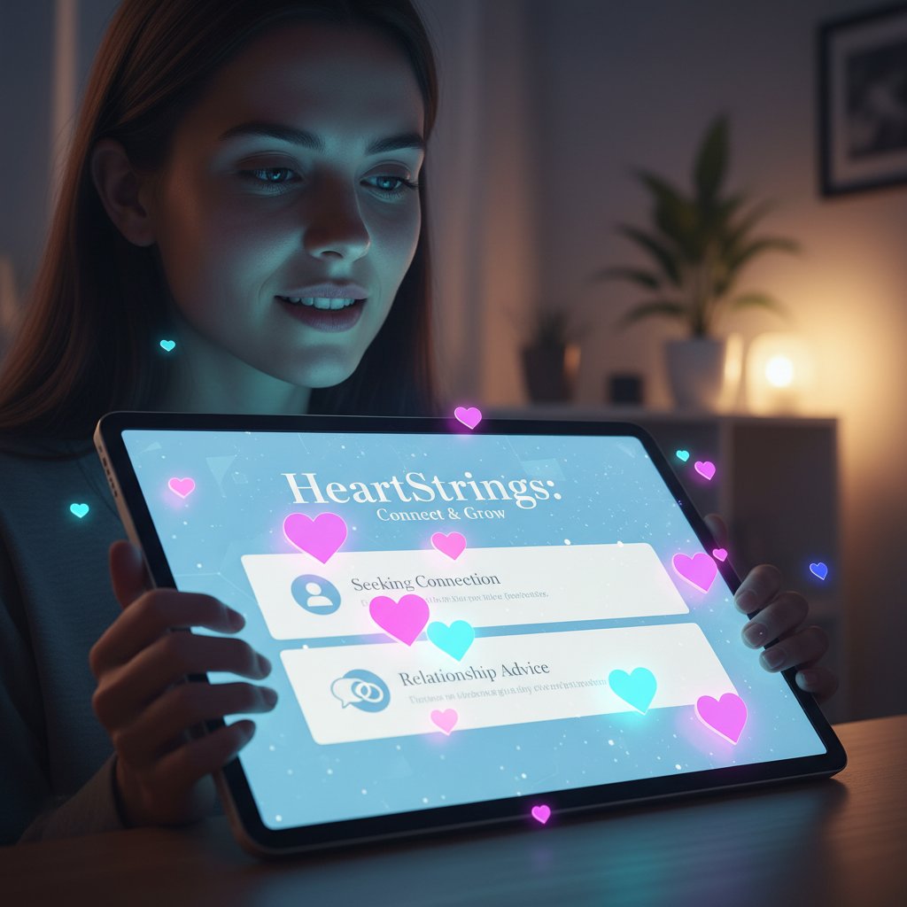 Person seeking connection online through relationship advice website, illuminated by digital hearts, late-night scene