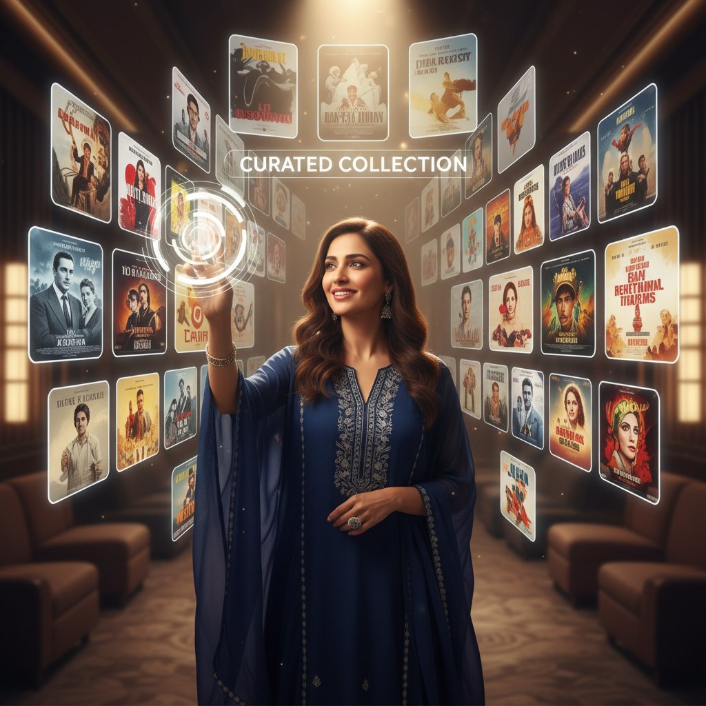 A person confidently selecting a movie from a curated collection, empowered by reclaimed taste in the algorithm age