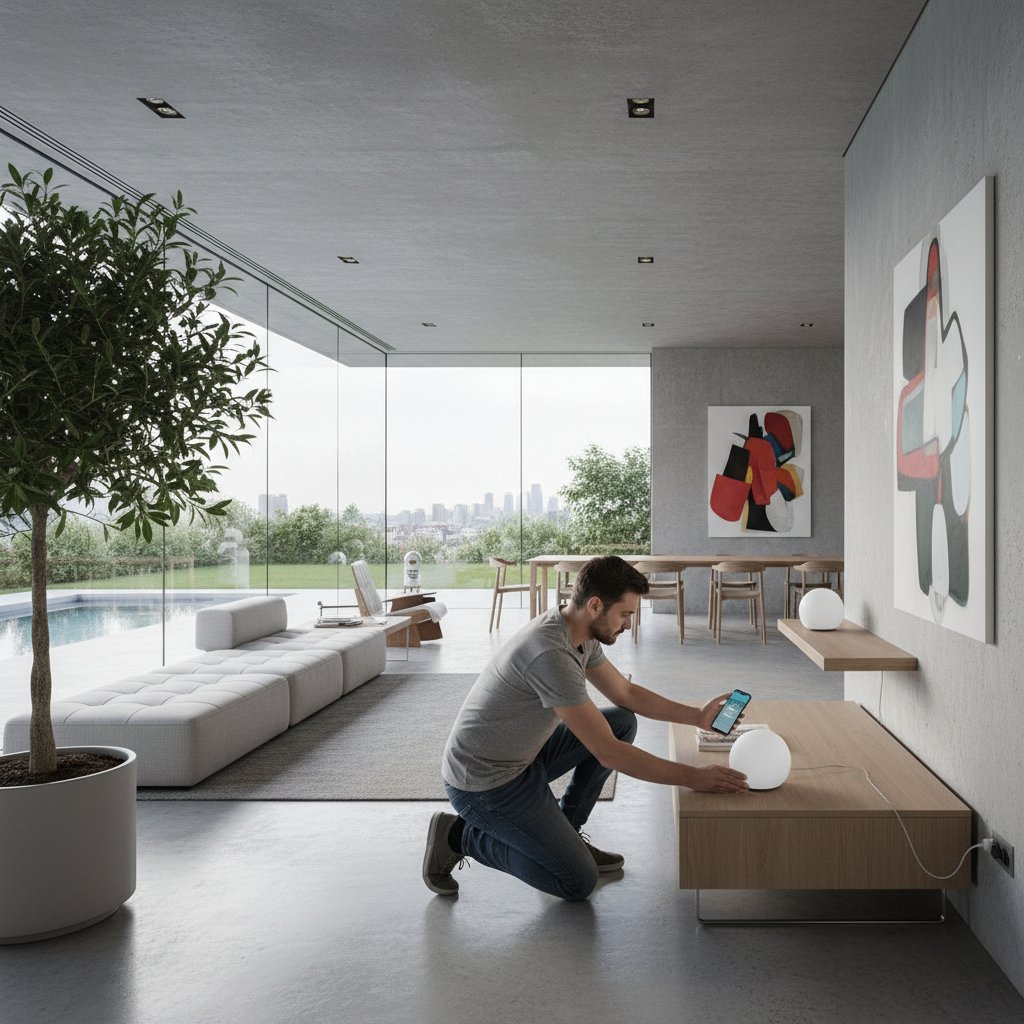 Osoba konfigurująca router mesh na tle dużego domu, nowoczesne wnętrze, intuicyjny interfejs