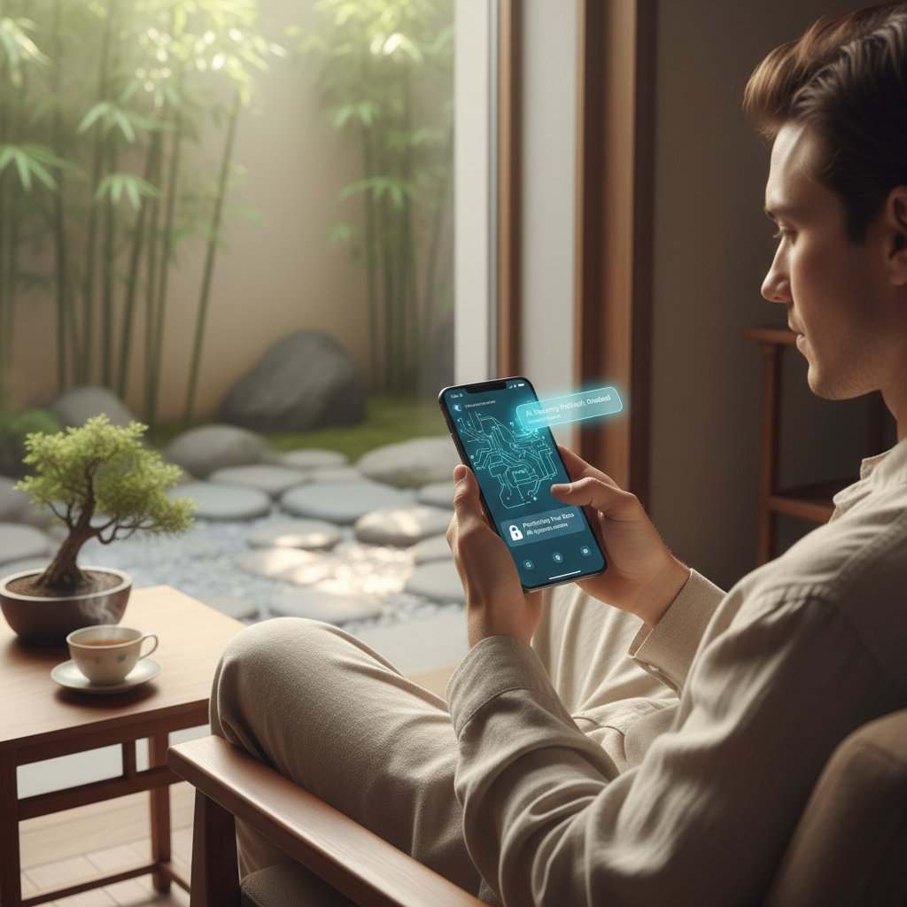Osoba ustawiająca opcje bezpieczeństwa w czacie AI, ekran smartfona, spokojne otoczenie