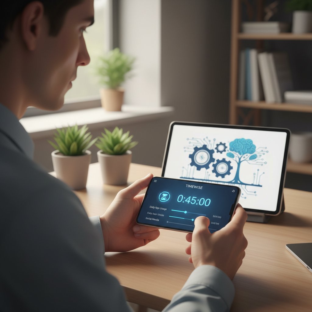 Osoba ustawiająca limity czasu na smartfonie, ekran z aplikacją w tle