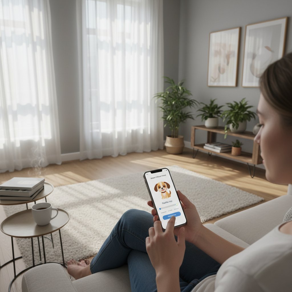 Osoba konfiguruje aplikację wirtualnego psa na smartfonie, spokojna atmosfera, wnętrze polskiego mieszkania