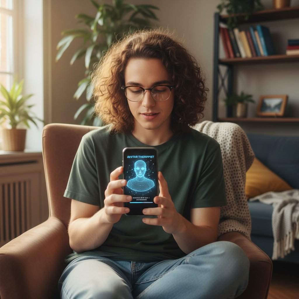 Osoba konfigurująca cyfrowego awatara terapeuty na smartfonie, słowa kluczowe: pierwsza sesja z wirtualnym terapeutą krok po kroku