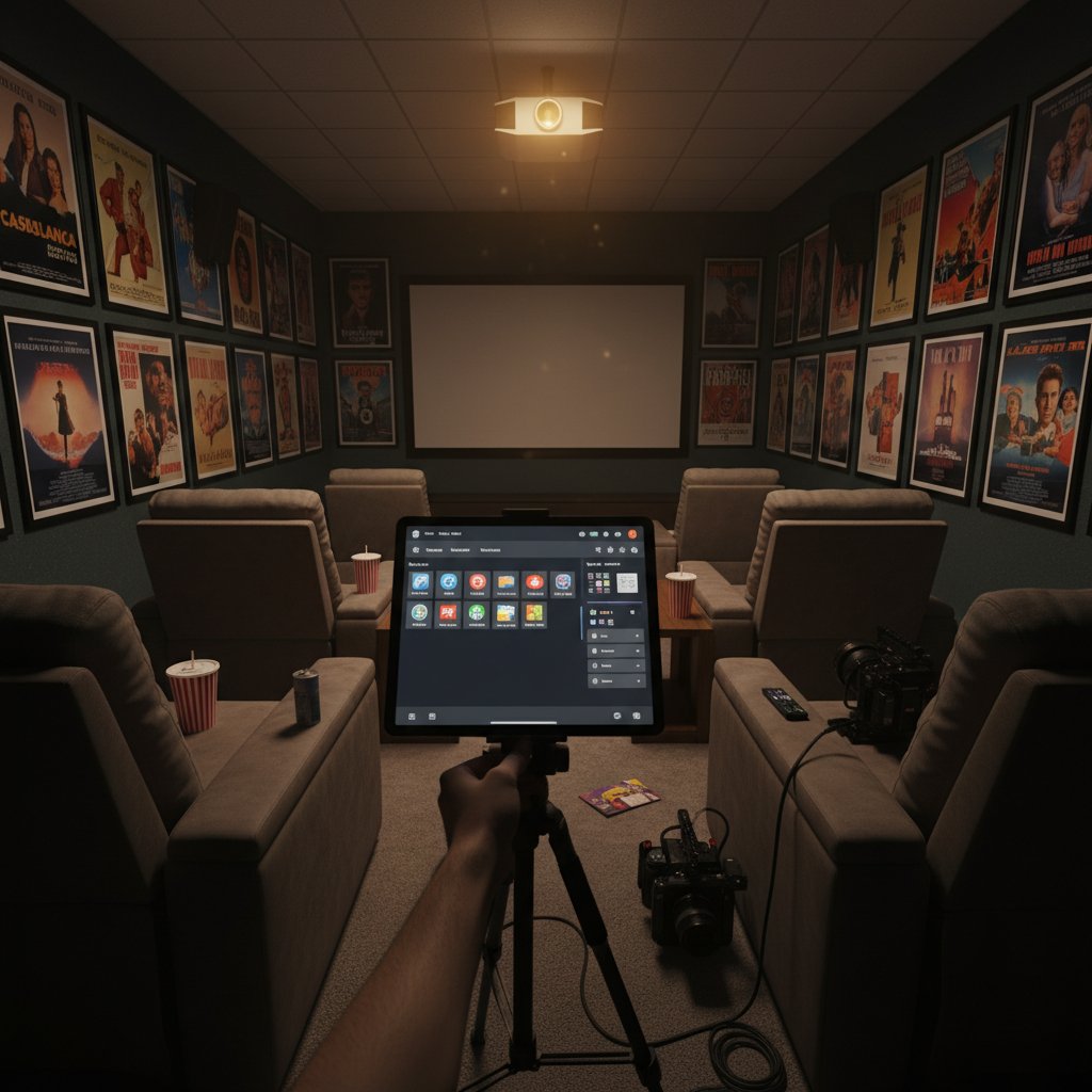 Person setting up a movie assistant profile on a tablet with movie posters in the background