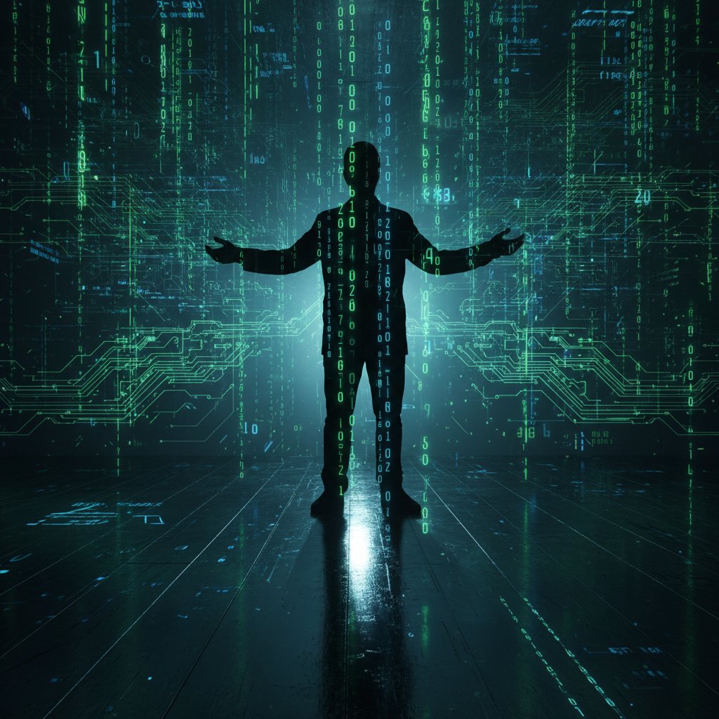 Ludzki cień zlewający się z kodem komputerowym, sztuczna inteligencja w pisaniu i rytr